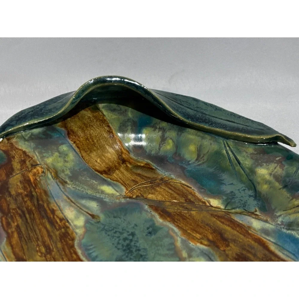 Shaun Malli Pottery Oval Ceramic Platter Teal Brown Bamboo Etched 11.5